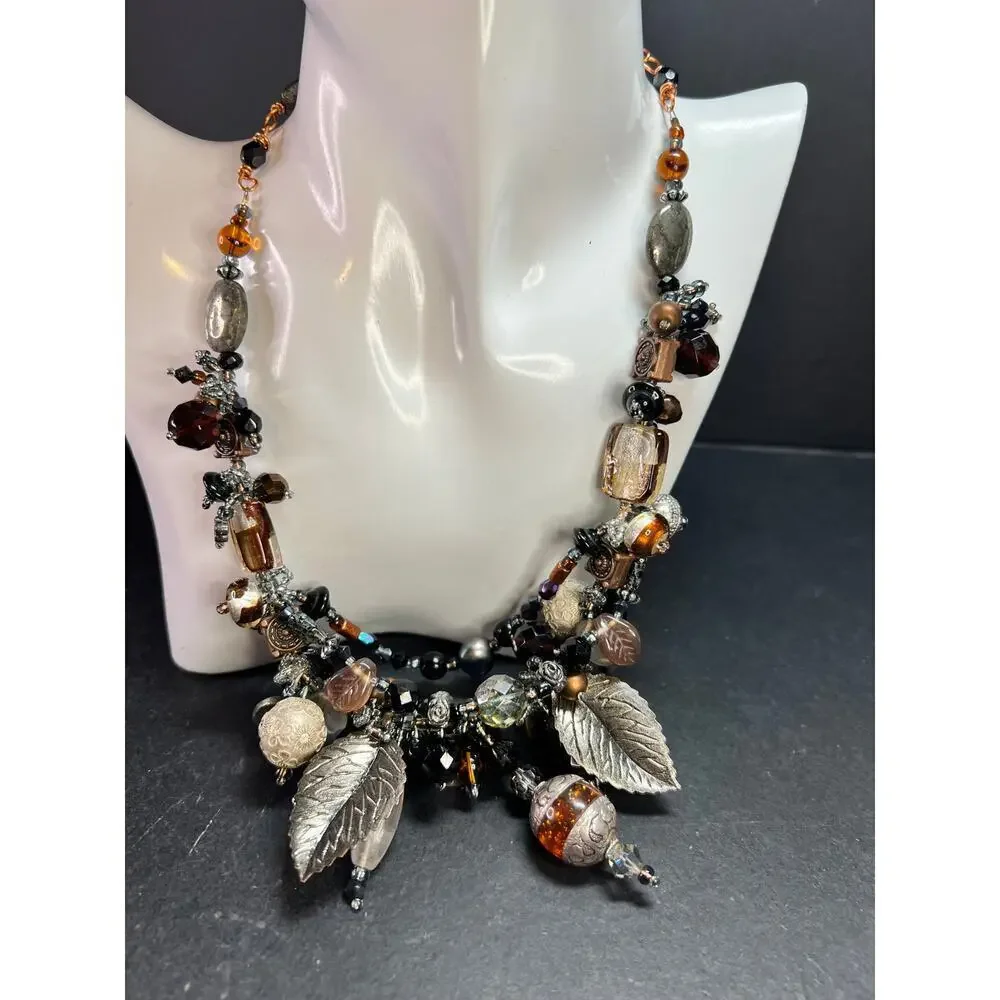 Artisan Copper Wire Necklace Glass Onyx Pyrite Amber Pearl 17”